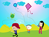 Children flying kites in a field, illustration