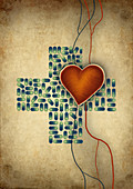 Conceptual illustration of heart over cross shaped capsules
