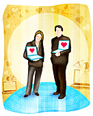 Couple standing with laptops, illustration