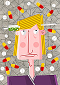 Drug addict surrounded by pills, illustration
