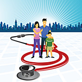 Family surrounded with a stethoscope, illustration