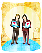 Female homosexual couple standing with laptops, illustration
