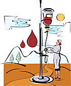 Female nurse holding IV stand, illustration