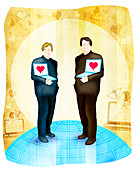 Gay couple standing with laptops, illustration