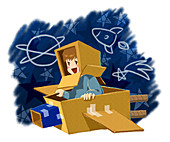 Illustration of boy flying cardboard plane
