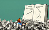 Illustration of boy in heap of papers reading book