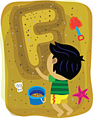 Illustration of boy making letter F with sand