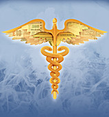 Illustration of caduceus symbol with currency wings