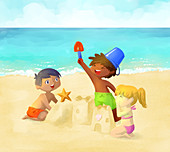 Illustration of children building sand castle on beach