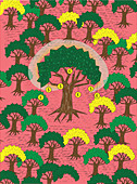 Illustration of currency signs hanging on tree