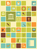 Illustration of educational icons over coloured background