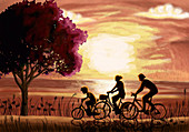 Illustration of family riding bicycle at beach during sunset