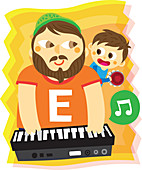 Illustration of father and son playing musical instrument