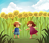 Illustration of friends playing in sunflower field