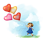 Illustration of girl playing with helium balloons at park