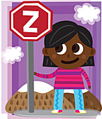 Illustration of girl standing by sign post with letter Z