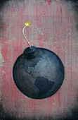 Illustration of globe lit up as a bomb