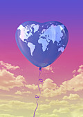 Illustration of heart shape balloon with world map