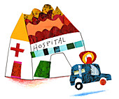 Illustration of hospital and ambulance