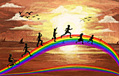 Illustration of kids running on rainbow
