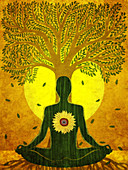 Illustration of man meditating against tree and sun