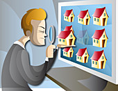 Illustration of man searching home online