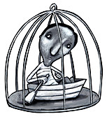 Illustration of man with boat in cage