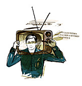 Illustration of news reader with head in television