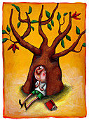 Illustration of schoolboy sitting under tree