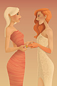 Illustration of two young women in love getting married