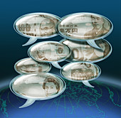 Illustration of various currencies in chat bubbles