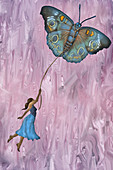 Illustration of woman flying with butterfly