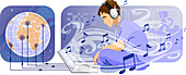 Man downloading music from internet, illustration