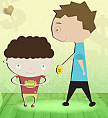 Man giving US coin to a boy, illustration