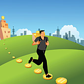Man running with a bag of coins on his back, illustration