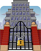Office building with main gate locked, illustration