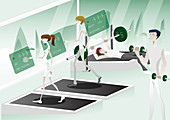 People workout in a hi-tech gym, illustration