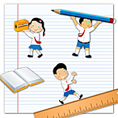 School children with stationery, illustration