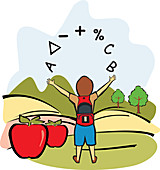 Schoolboy standing in a field, illustration