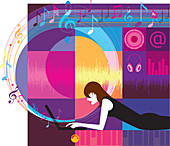 Woman downloading music, illustration