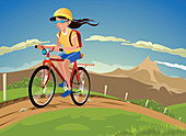 Woman mountain biking, illustration