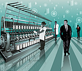 Workers working in a textile factory, illustration