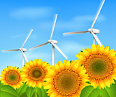 Sunflowers and wind turbines, illustration