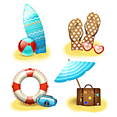Beach holiday accessories, illustration