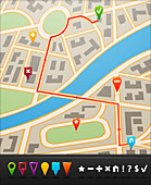 Street map with location pins, illustration