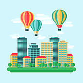 Hot air balloons over city, illustration