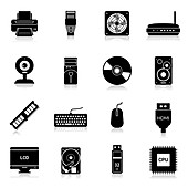 Computer parts and accessories icons, illustration