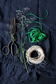 Natural cord, vintage scissors and green string on blue fabric