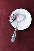 Melted elderberry ice cream on a spoon on a plate