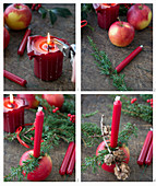 Weihnachtsapfel mit Kerze, Lärchenzapfenzweig und Wacholderzweig dekorieren